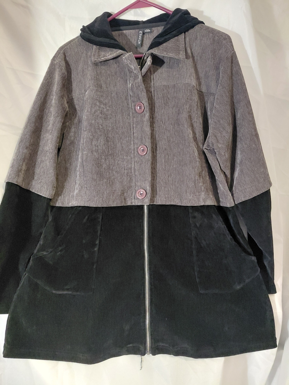 Ethyl Two-Tone Hooded Corduroy Trench Coat in Gray and Black